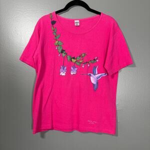Hand Painted Hummingbird Fairy Pink T-Shirt - Size Medium - Whimsical Garden Top